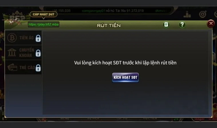 Cần kích hoạt ngân hàng trước khi Rút Tiền B52 Club