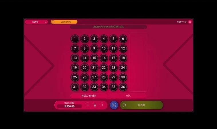 Giao diện chơi game nhanh Keno Tại B52 Club